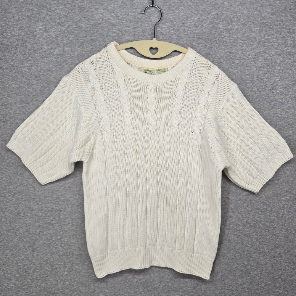 Colter Bay Cream Cable Knit Short Sleeve Sweater Cotton Crew Neck Vintage Medium